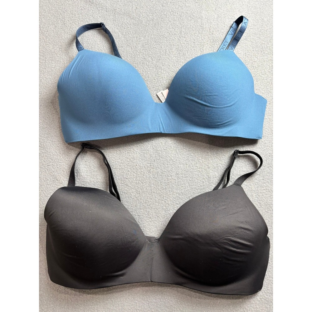 Victoria's Secret Wireless T Shirt Bra Women 38C Blue Black Ribbed Logo 2 Pack